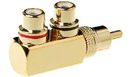 ADAPTATEUR  1 RCA MALE-2 RCA FEMELLE OR  COUDE